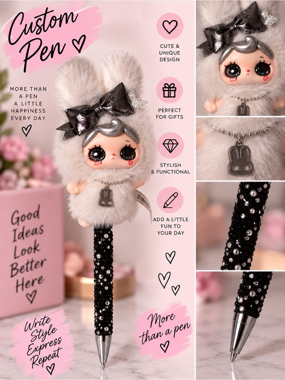 Cute Plush Bunny Charm Black Crystal Pen - Unbranded